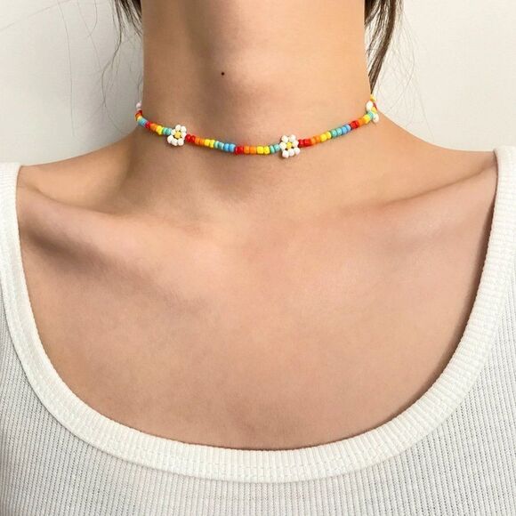 Rainbow Beaded White Daisy Choker Necklace - Picture 2 of 9